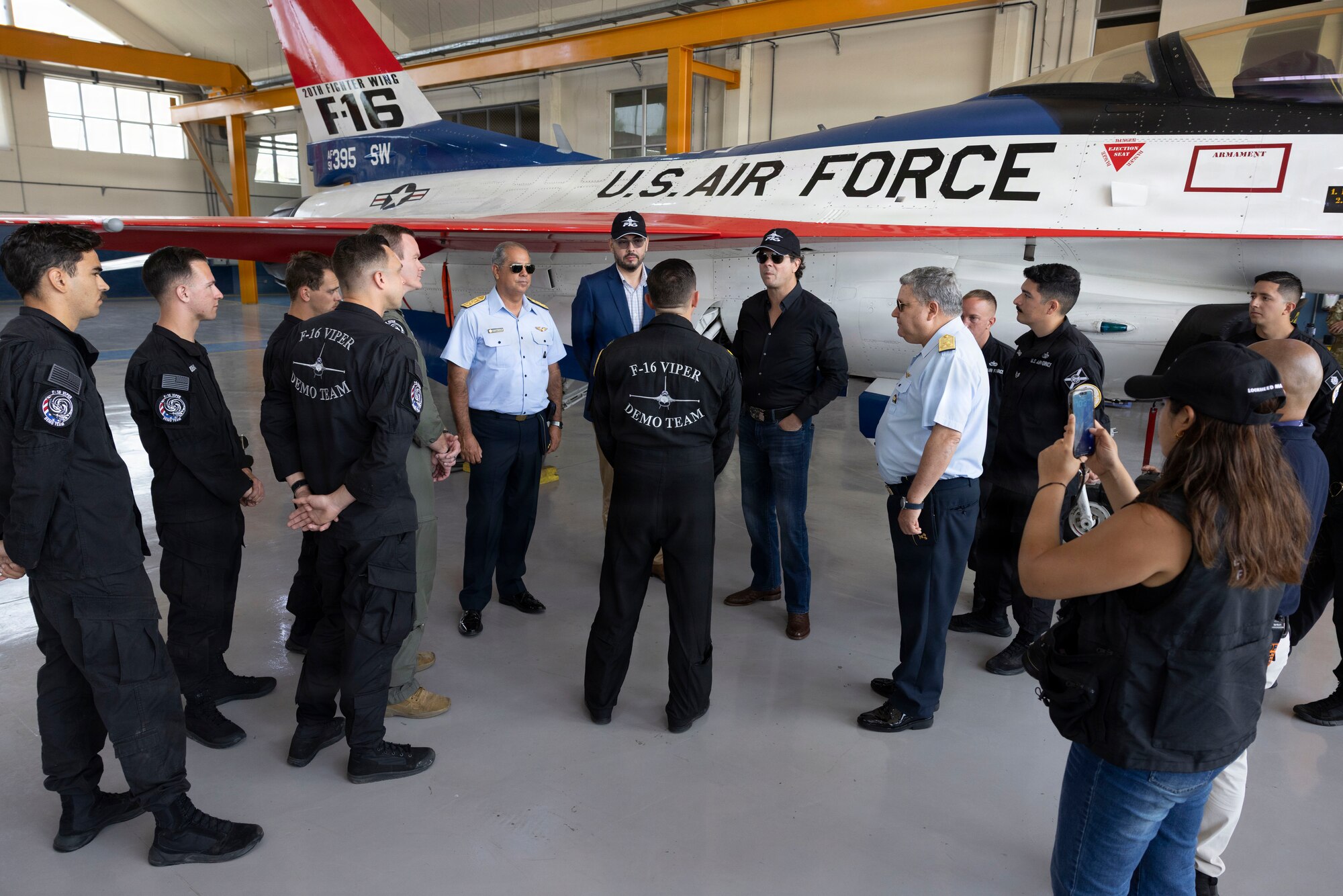 Bernie Navarro, the U.S. ambassador to Peru, meets with members of the F-16 Viper Demonstration Team at Las Palmas Air Base, Peru, April 25, 2026, ahead of the Peru Airshow. The U.S. Air Force is in Peru to showcase premier American airpower and strengthen partnerships through dynamic aerial demonstrations, highlighting U.S. Air Force readiness and reinforcing the partnership between the United States and Peru. (U.S. Air Force photo by Staff Sgt. Lauren Diaz)