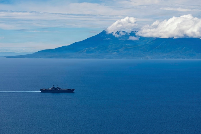 Wasp-class amphibious assault ship USS Boxer (LHD 4) transits the Surigao Strait, April 26, 2026. Boxer, flagship of the Boxer Amphibious Ready Group, is underway with the 11th Marine Expeditionary Unit in the U.S. 7th Fleet area of operations. U.S. 7th Fleet, the Navy’s largest forward-deployed numbered fleet, routinely interacts and operates with allies and partners to preserve a free and open Indo-Pacific. (U.S. Navy photo by Mass Communication Specialist Seaman Dustin Drake)