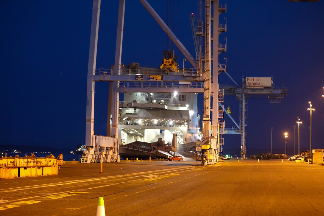The MV Cape Horn (T-AKR-5068) sits at the Port of Tacoma, Washington, prior to roll-on/roll-off operations that included equipment assigned to the 477th Inland Cargo Transportation Company, 385th Transportation Terminal Battalion, 364th Expeditionary Sustainment Command as part of forward positioning efforts in the Indo-Pacific region, Feb. 4, 2026. The 364th Expeditionary Sustainment Command is headquartered in Marysville, Washington, and is regionally aligned to U.S. Indo-Pacific Command, providing logistical and sustainment support across seven western states and the Indo-Pacific region. (U.S. Army Photo by Maj. India Hunter)