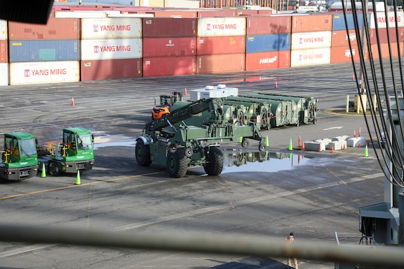 A U.S. Army Reserve Kalmar TRA240 Rough Terrain Container Handler assigned to the 477th Inland Cargo Transportation Company, 385th Transportation Terminal Battalion, 364th Expeditionary Sustainment Command, is prepared for loading aboard the MV Cape Horn (T-AKR-5068) at the Port of Tacoma, Washington, as part of forward positioning efforts in the Indo-Pacific region, Feb. 4, 2026. The 364th Expeditionary Sustainment Command is headquartered in Marysville, Washington, and is regionally aligned to U.S. Indo-Pacific Command, providing logistical and sustainment support across seven western states and the Indo-Pacific region. (U.S. Army Photo by Maj. India Hunter)