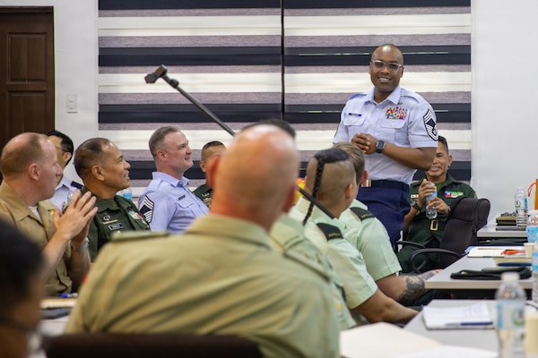 U.S. Air Force Chief Master Sgt. Amir Mustafa, chief master sergeant of the 51st Logistics Readiness Squadron, Republic of Korea, introduces himself to the group during the Balikatan Senior Enlisted Symposium as part of Exercise Balikatan 2026 at Camp General Emilio Aguinaldo, Quezon City, Philippines, April 25, 2026.