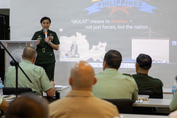 Philippine army Col. Francel Margareth A. Padilla, commander of the Army’s 7th Signal Battalion, speaks to senior enlisted leaders from the Philippines, United States, Canada, New Zealand, France, the U.S. Space Force, the Japan Self-Defense Forces and Australia during the Balikatan Senior Enlisted Symposium as part of Exercise Balikatan 2026 at Camp General Emilio Aguinaldo, Quezon City, Philippines, April 25, 2026.