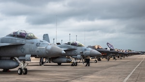 U.S. Air Force and Navy aircraft sit on the flightline at Tyndall Air Force Base, Florida, during Checkered Flag 26-2, April 28, 2026.