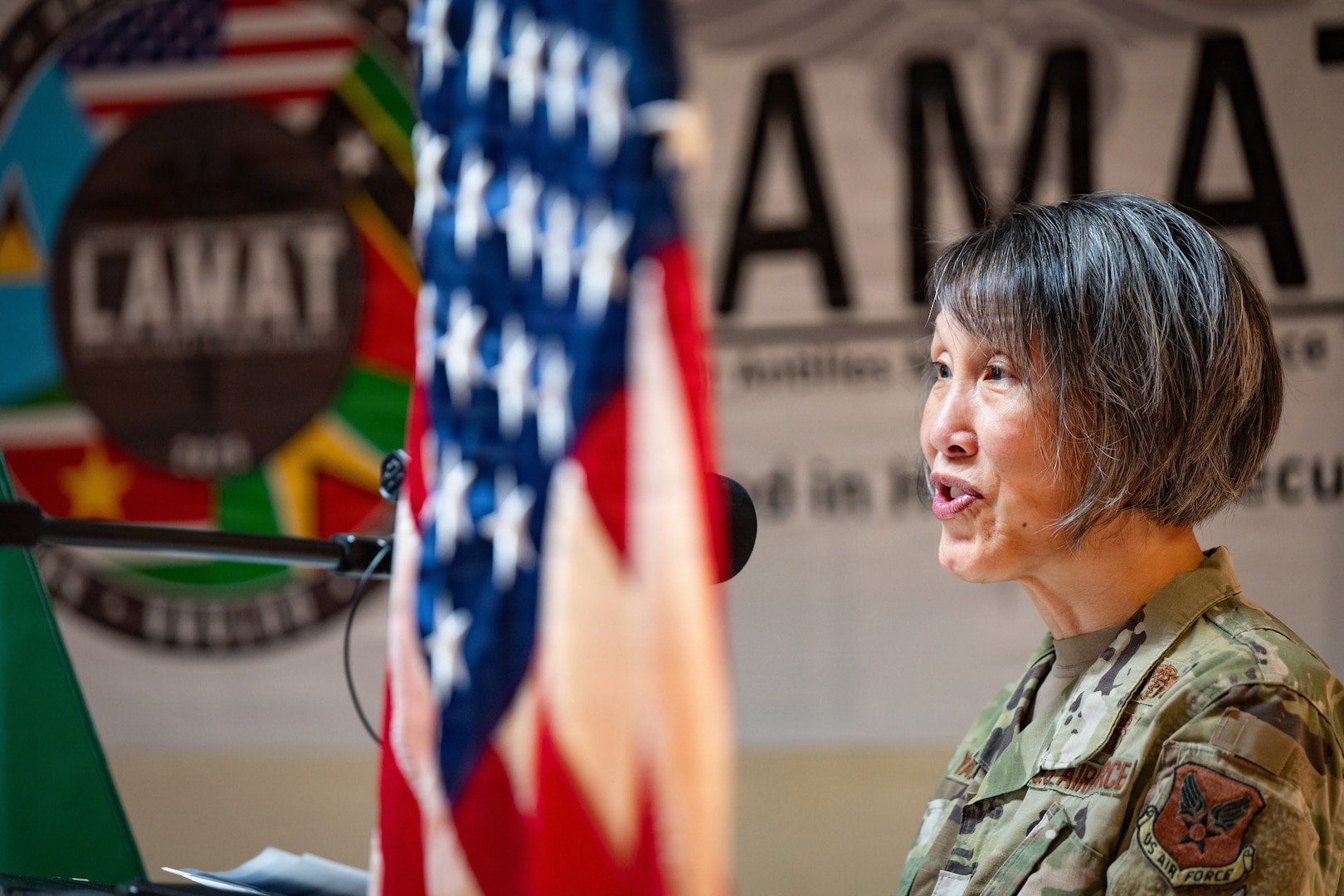 U.S. Air Force Brig. Gen. Eveline Yao, Air Force Medical Command special assistant to the commander, speaks during the closing ceremony of the Lesser Antilles Medical Assistance Team (LAMAT) 2026 mission in Paramaribo, Suriname, April 23, 2026. The ceremony highlighted the partnership developed between the U.S. and Suriname during medical engagements and the value of building critical relationships in both countries. (U.S. Air Force photo by Staff. Sgt. Madeline Herzog)