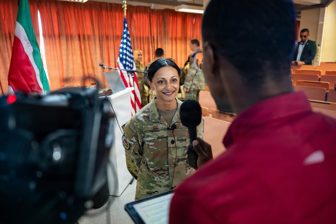 U.S. Air Force Lt. Col. Preeti Jois, Lesser Antilles Medical Assistance Team (LAMAT) 2026 mission commander, answers questions from the media after the closing ceremony of the LAMAT 2026 mission in Paramaribo, Suriname, April 23, 2026. The ceremony marked the end of the medical engagement, which was a collaborative effort to share knowledge, enhance readiness and strengthen critical relationships between U.S. and Surinamese practitioners. (U.S. Air Force photo by Staff. Sgt. Madeline Herzog)