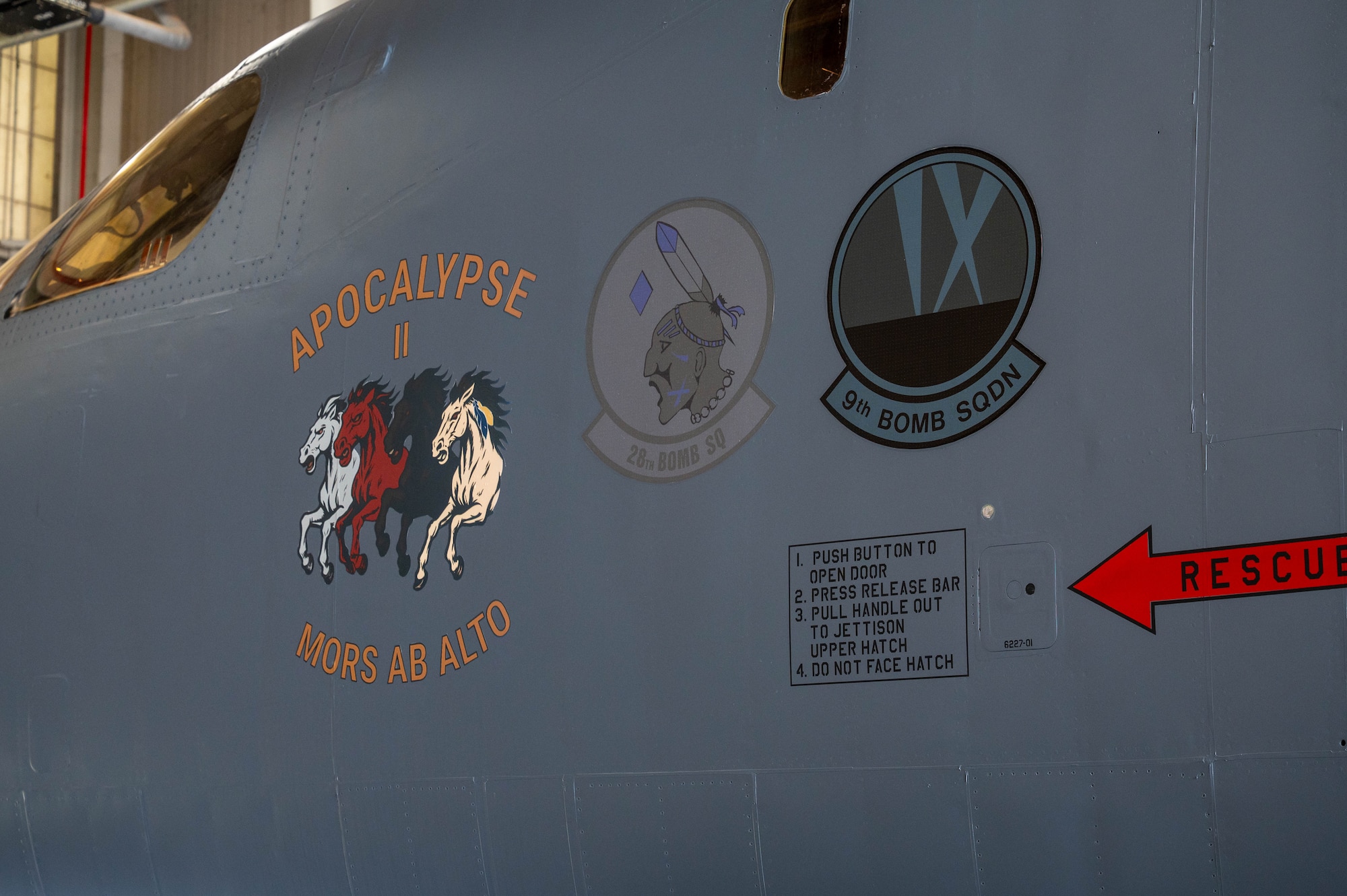 The “Apocalypse II” nose art is displayed on the 7th Bomb Wing’s new flagship B-1B Lancer at Dyess Air Force Base, Texas, April 27, 2026. The freshly applied artwork honors the World War II crew of the B-24J Liberator "Apocalypse" and marks the final step in regenerating tail number 86-0115 for its return to the operational bomber fleet. (U.S. Air Force photo by Airman 1st Class William Neal)