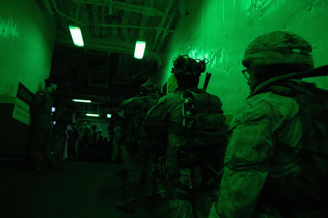 U.S. Marines from the 31st Marine Expeditionary Unit depart USS Tripoli (LHA 7) to board M/V Blue Star III, a commercial ship suspected of attempting to transit to Iran in violation of the U.S. blockade of Iranian ports, April 28, 2026. U.S. forces released the vessel after conducting a search and confirming the ship’s voyage would not include an Iranian port call. (U.S. Marine Corps photo)