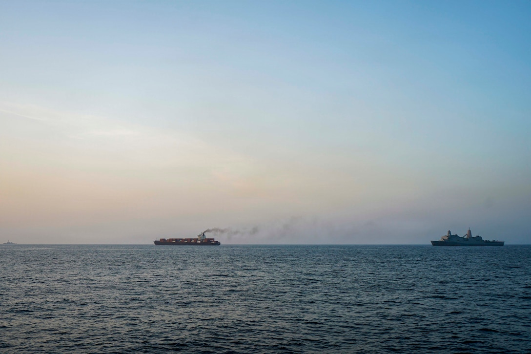 U.S. forces patrol the Arabian Sea near M/V Touska, April 20, 2026, after the Iranian-flagged vessel attempted to violate the U.S. naval blockade. (U.S. Navy photo)