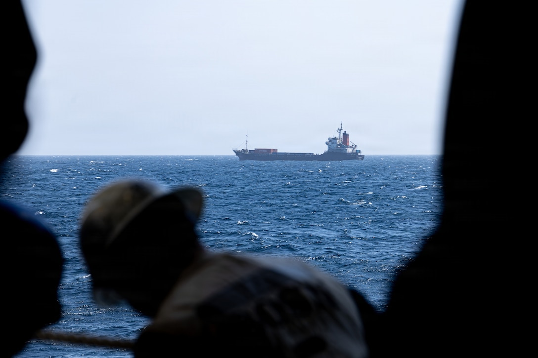 U.S. Marines from the 31st Marine Expeditionary Unit board M/V Blue Star III, a commercial ship suspected of attempting to transit to Iran in violation of the U.S. blockade of Iranian ports, April 28, 2026. U.S. forces released the vessel after conducting a search and confirming the ship’s voyage would not include an Iranian port call. (U.S. Marine Corps photo)