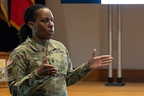 Command Sgt. Maj. Joy L. Allen, U.S. Army Financial Management Command senior enlisted advisor, talks with U.S. Army finance and comptroller Soldiers during the U.S. Army Finance Corps’ Regimental Week at the Soldier Support Institute auditorium on Fort Jackson, S.C., April 22, 2026. Regimental Week brings together leaders from around the Finance Corps, including all three components, each year to identify opportunities, collaborate on solutions, and work to build readiness for all Army finance and comptroller Soldiers. (U.S. Army photo by Mark R. W. Orders-Woempner)
