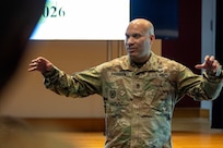 Sgt. Maj. Terry L. Anderson, Jr., senior enlisted advisor to the military deputy to the Assistant Secretary of the Army for Financial Management and Comptroller, talks with U.S. Army finance and comptroller Soldiers during the U.S. Army Finance Corps’ Regimental Week at the Soldier Support Institute auditorium on Fort Jackson, S.C., April 22, 2026. Regimental Week brings together leaders from around the Finance Corps, including all three components, each year to identify opportunities, collaborate on solutions, and work to build readiness for all Army finance and comptroller Soldiers. (U.S. Army photo by Mark R. W. Orders-Woempner)