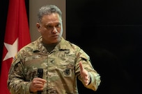 Col. Robert L. Le’iato, U.S. Army Finance and Comptroller School commandant, talks with U.S. Army finance and comptroller Soldiers during the U.S. Army Finance Corps’ Regimental Week at the Soldier Support Institute auditorium on Fort Jackson, S.C., April 22, 2026. Regimental Week brings together leaders from around the Finance Corps, including all three components, each year to identify opportunities, collaborate on solutions, and work to build readiness for all Army finance and comptroller Soldiers. (U.S. Army photo by Mark R. W. Orders-Woempner)