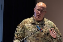 Col. Nicholas G. Paavola, executive assistant to the Assistant Secretary of the Army for Financial Management and Comptroller, talks with U.S. Army finance and comptroller Soldiers during the U.S. Army Finance Corps’ Regimental Week at the Soldier Support Institute auditorium on Fort Jackson, S.C., April 22, 2026. Regimental Week brings together leaders from around the Finance Corps, including all three components, each year to identify opportunities, collaborate on solutions, and work to build readiness for all Army finance and comptroller Soldiers. (U.S. Army photo by Mark R. W. Orders-Woempner)