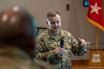 Lt. Gen. Mark S. Bennett, military deputy to the Assistant Secretary of the Army for Financial Management and Comptroller, talks with U.S. Army finance and comptroller Soldiers during the U.S. Army Finance Corps’ Regimental Week at the Soldier Support Institute auditorium on Fort Jackson, S.C., April 23, 2026. Regimental Week brings together leaders from around the Finance Corps, including all three components, each year to identify opportunities, collaborate on solutions, and work to build readiness for all Army finance and comptroller Soldiers. (U.S. Army photo by Mark R. W. Orders-Woempner)
