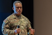 Col. Robert L. Le’iato, U.S. Army Finance and Comptroller School commandant, talks with U.S. Army finance and comptroller Soldiers during the U.S. Army Finance Corps’ Regimental Week at the Soldier Support Institute auditorium on Fort Jackson, S.C., April 24, 2026. Regimental Week brings together leaders from around the Finance Corps, including all three components, each year to identify opportunities, collaborate on solutions, and work to build readiness for all Army finance and comptroller Soldiers. (U.S. Army photo by Mark R. W. Orders-Woempner)