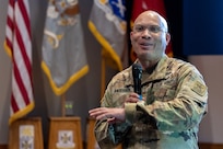 Sgt. Maj. Terry L. Anderson, Jr., senior enlisted advisor to the military deputy to the Assistant Secretary of the Army for Financial Management and Comptroller, talks with U.S. Army finance and comptroller Soldiers during the U.S. Army Finance Corps’ Regimental Week at the Soldier Support Institute auditorium on Fort Jackson, S.C., April 24, 2026. Regimental Week brings together leaders from around the Finance Corps, including all three components, each year to identify opportunities, collaborate on solutions, and work to build readiness for all Army finance and comptroller Soldiers. (U.S. Army photo by Mark R. W. Orders-Woempner)