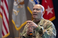 Sgt. Maj. Terry L. Anderson, Jr., senior enlisted advisor to the military deputy to the Assistant Secretary of the Army for Financial Management and Comptroller, talks with U.S. Army finance and comptroller Soldiers during the U.S. Army Finance Corps’ Regimental Week at the Soldier Support Institute auditorium on Fort Jackson, S.C., April 24, 2026. Regimental Week brings together leaders from around the Finance Corps, including all three components, each year to identify opportunities, collaborate on solutions, and work to build readiness for all Army finance and comptroller Soldiers. (U.S. Army photo by Mark R. W. Orders-Woempner)