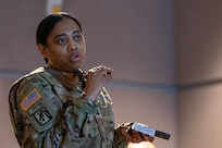 Capt. Tiffany Leitch, 1946th Finance Company commander, with the Washington D.C. National Guard, asks a question during the U.S. Army Finance Corps’ Regimental Week at Fort Jackson, April 24, 2026. Regimental week brings together leaders from around the Finance Corps, including all three components, each year to identify opportunities, collaborate on solutions, and work to build readiness for all Army finance and comptroller Soldiers. (U.S. Army photo by Mark R. W. Orders-Woempner)
