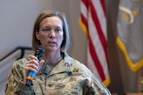 Col. Michelle M. Williams, U.S. Army Financial Management Command commander, talks with U.S. Army finance and comptroller Soldiers during the U.S. Army Finance Corps’ Regimental Week at the Soldier Support Institute auditorium on Fort Jackson, S.C., April 24, 2026. Regimental Week brings together leaders from around the Finance Corps, including all three components, each year to identify opportunities, collaborate on solutions, and work to build readiness for all Army finance and comptroller Soldiers. (U.S. Army photo by Mark R. W. Orders-Woempner)