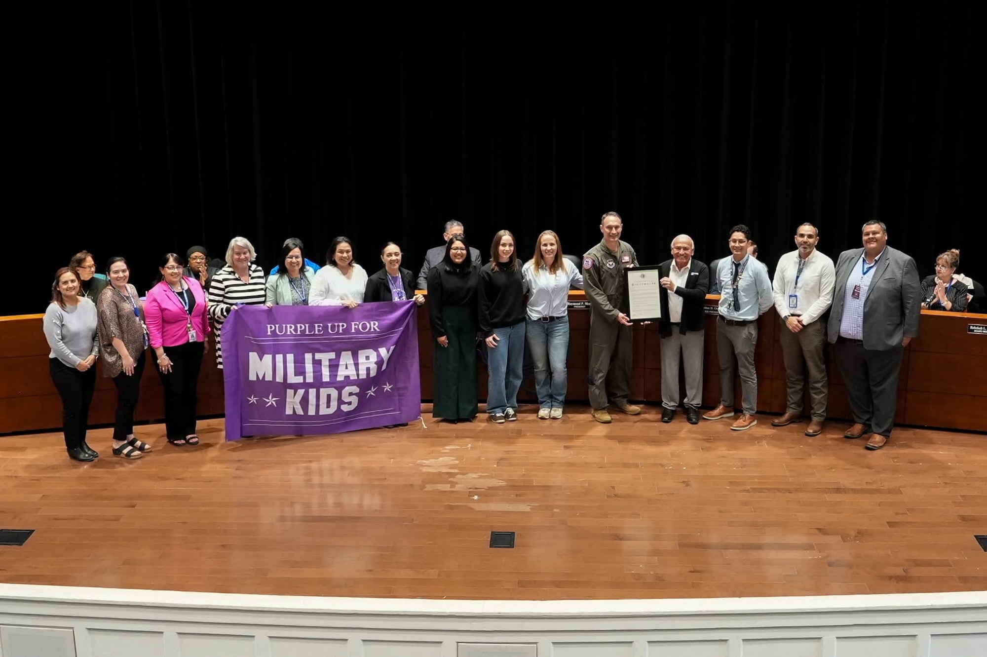 Members of the San Felipe Del Rio Consolidated Independent School District (SFDRCISD) school board and 47th Flying Training Wing join together for a group photo at Del Rio, Texas, April 20, 2026. SFDRCISD issued a proclamation recognizing the Month of the Military Child during a school board meeting. (Courtesy photo)