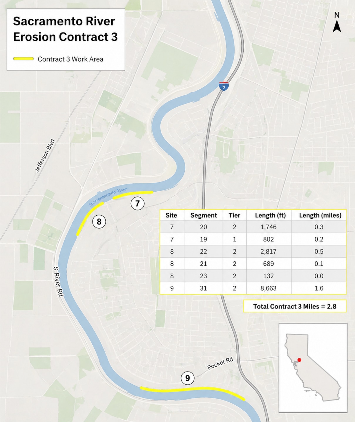 A simplified map shows work areas for Sacramento River Erosion Contract 3 in Sacramento, California.