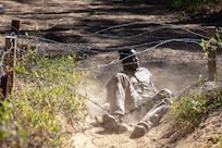 Sgt. Boris Ilboudo, 125th Finance Battalion early entry team certifier, completes an obstacle course on Fort Jackson, S.C., April 20, 2026. Twelve finance and comptroller Soldiers took part in the obstacle course on the first day of the U.S. Army Finance Corps’ annual Finance Soldier of the Year competition. (U.S. Army photo by 1st Lt. Maria Rozo)