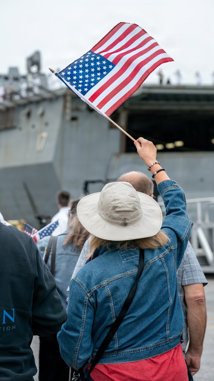 NORFOLK, Va. (April 28, 2026) -- The San Antonio-class amphibious transport dock ship USS San Antonio (LPD 17) returns to Naval Station Norfolk, Virginia, April 28, 2026, following an eight-and-a-half-month deployment supporting the Iwo Jima Amphibious Ready Group (IWO ARG) and the 22nd Marine Expeditionary Unit (MEU)-Special Operations Capable (SOC) mission in the U.S. 4th Fleet area of operations. During the deployment the San Antonio supported Operation Southern Spear, conducted counter-narcotics and embassy reinforcement operations, and provided foreign humanitarian assistance to Jamaica following Hurricane Melissa. (U.S. Navy photo by Mass Communication Specialist 2nd Class Derek Cole)