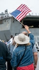 NORFOLK, Va. (April 28, 2026) -- The San Antonio-class amphibious transport dock ship USS San Antonio (LPD 17) returns to Naval Station Norfolk, Virginia, April 28, 2026, following an eight-and-a-half-month deployment supporting the Iwo Jima Amphibious Ready Group (IWO ARG) and the 22nd Marine Expeditionary Unit (MEU)-Special Operations Capable (SOC) mission in the U.S. 4th Fleet area of operations. During the deployment the San Antonio supported Operation Southern Spear, conducted counter-narcotics and embassy reinforcement operations, and provided foreign humanitarian assistance to Jamaica following Hurricane Melissa. (U.S. Navy photo by Mass Communication Specialist 2nd Class Derek Cole)
