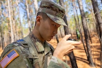 Pvt. 1st Class Zhiyi Wang, 18th Finance Battalion Bravo Company cashier, takes part in a land navigation exercise at the Mekong Delta day land navigation course on Fort Jackson, S.C., April 20, 2026. Twelve finance and comptroller Soldiers took part in the land navigation course on the first day of the U.S. Army Finance Corps’ annual Finance Soldier of the Year competition. (U.S. Army photo by Mark R. W. Orders-Woempner)