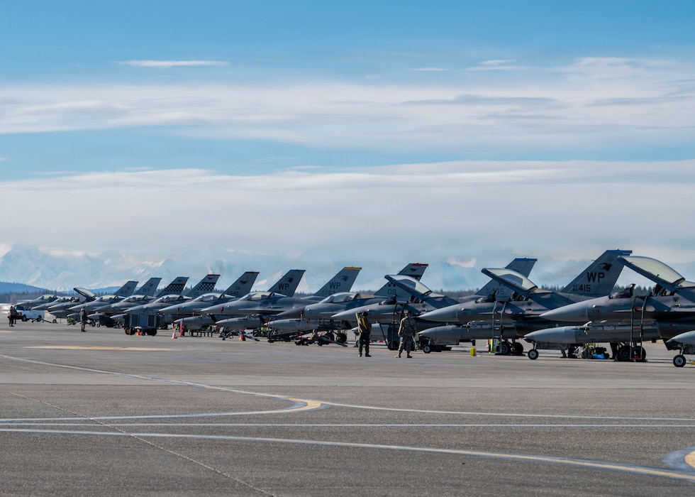 U.S. Air Force maintainers go through preflight checks on F-16 Fighting Falcons before taking off during RED FLAG-Alaska 26-1 at Eielson Air Force Base, Alaska, April 20, 2026.