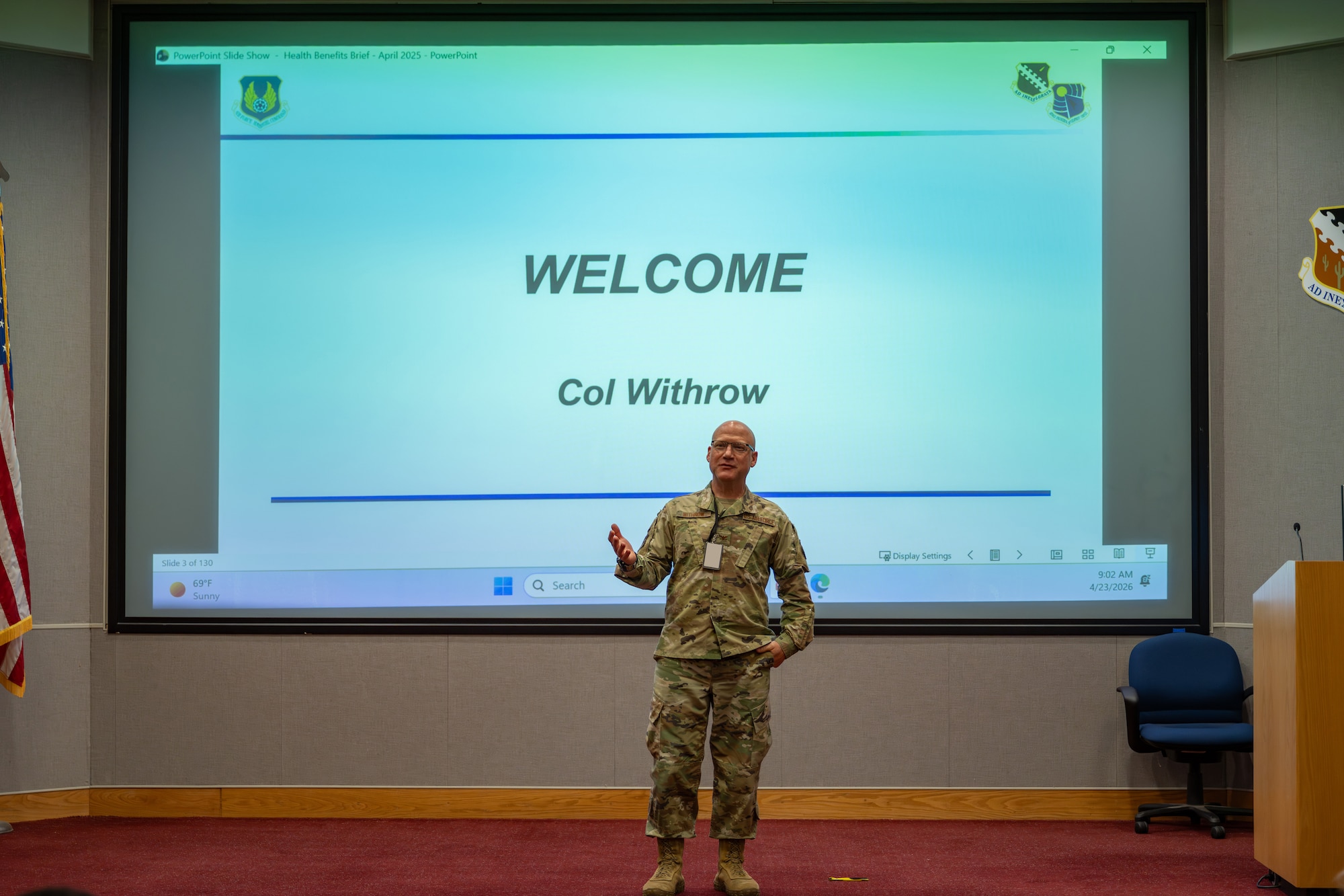 Col. Eric Withrow, Arnold Engineering Development Complex Test Support Division chief, welcomes attendees to the Health Benefits Fair hosted by AEDC Health Services April 23, 2026, at Arnold Air Force Base, Tenn., headquarters of AEDC. During the annual event, presenters provide those attending with information on various benefits and programs. This year, that information included Veterans Affairs benefits, disability claims, military retirement and patient travel. (U.S. Air Force photo by Brad Hicks)