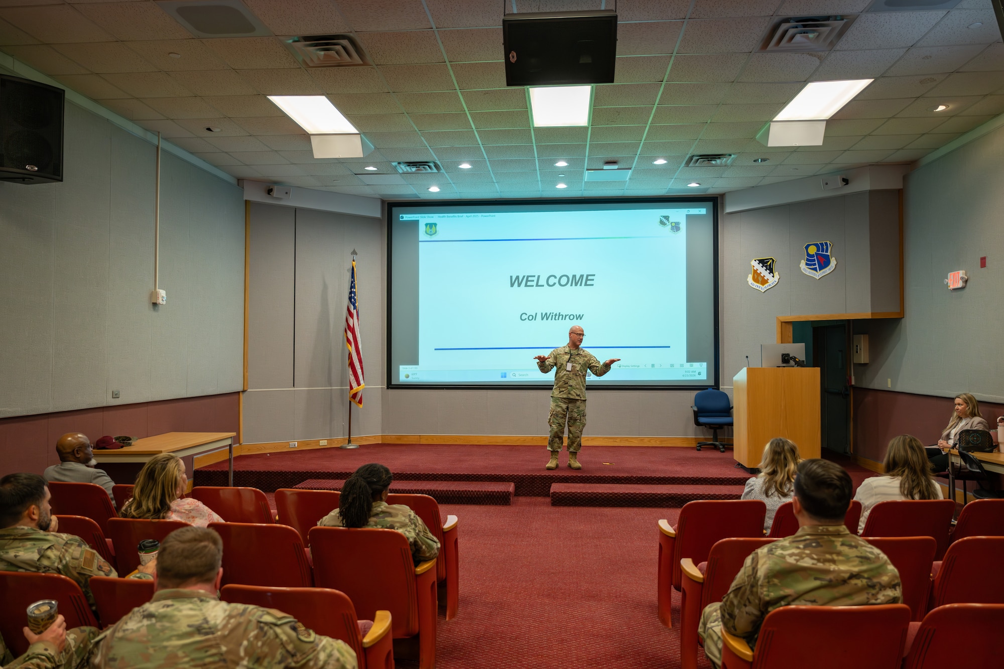 Col. Eric Withrow, Arnold Engineering Development Complex Test Support Division chief, welcomes attendees to the Health Benefits Fair hosted by AEDC Health Services April 23, 2026, at Arnold Air Force Base, Tenn., headquarters of AEDC. During the annual event, presenters provide those attending with information on various benefits and programs. This year, that information included Veterans Affairs benefits, disability claims, military retirement and patient travel. (U.S. Air Force photo by Brad Hicks)