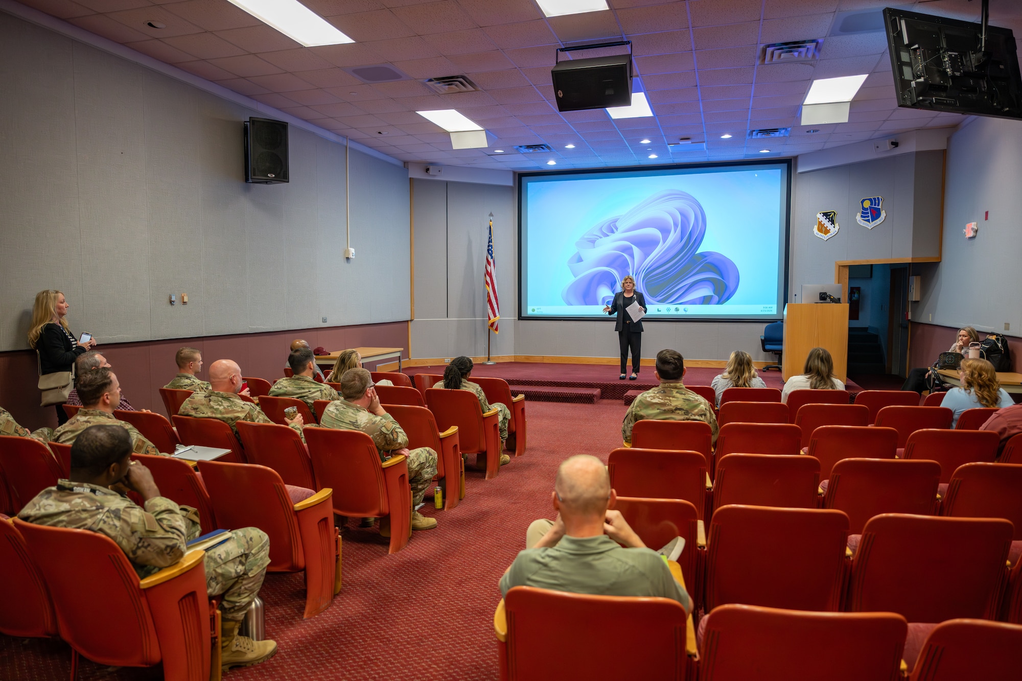 Dr. Bridget Brozyna, Interim Deputy Executive Director of the Veterans Affairs Tennessee Valley Healthcare System, discusses plans to expand the Tullahoma VA Clinic at Arnold Air Force Base, as well as VA eligibility, services and enrollment during the Health Benefits Fair hosted by Arnold Engineering Development Complex Health Services April 23, 2026, at Arnold AFB, Tenn., headquarters of AEDC. During the annual event, presenters provide those attending with information on various benefits and programs. Additional information covered this year included disability claims, military retirement and patient travel. (U.S. Air Force photo by Brad Hicks)