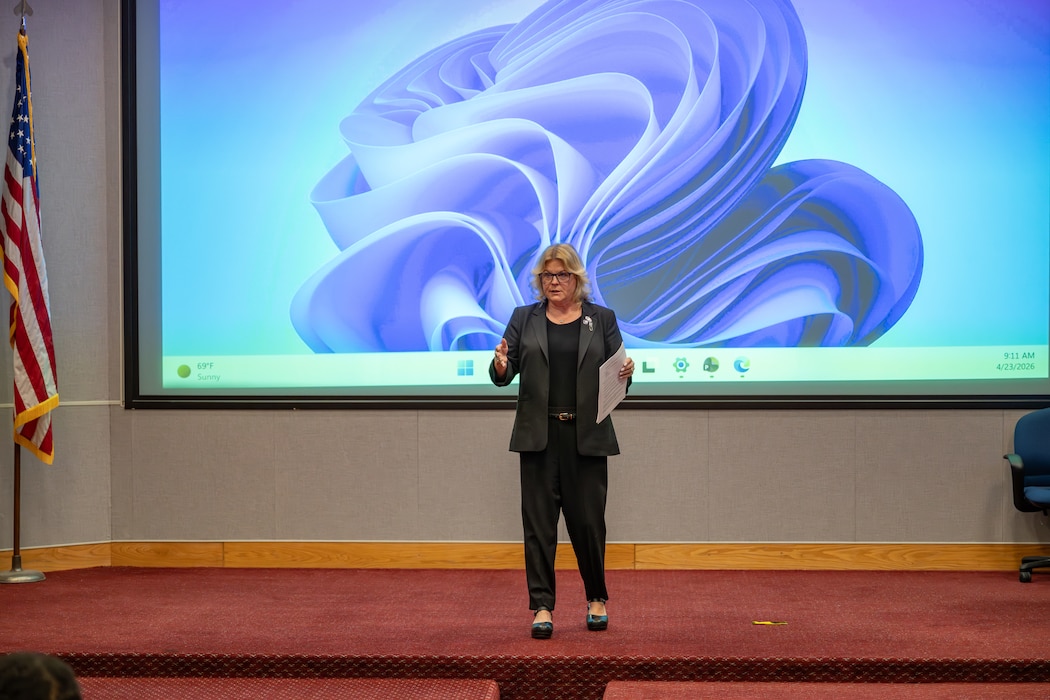 Dr. Bridget Brozyna, Interim Deputy Executive Director of the Veterans Affairs Tennessee Valley Healthcare System, discusses plans to expand the Tullahoma VA Clinic at Arnold Air Force Base, as well as VA eligibility, services and enrollment during the Health Benefits Fair hosted by Arnold Engineering Development Complex Health Services April 23, 2026, at Arnold AFB, Tenn., headquarters of AEDC. During the annual event, presenters provide those attending with information on various benefits and programs. Additional information covered this year included disability claims, military retirement and patient travel. (U.S. Air Force photo by Brad Hicks)