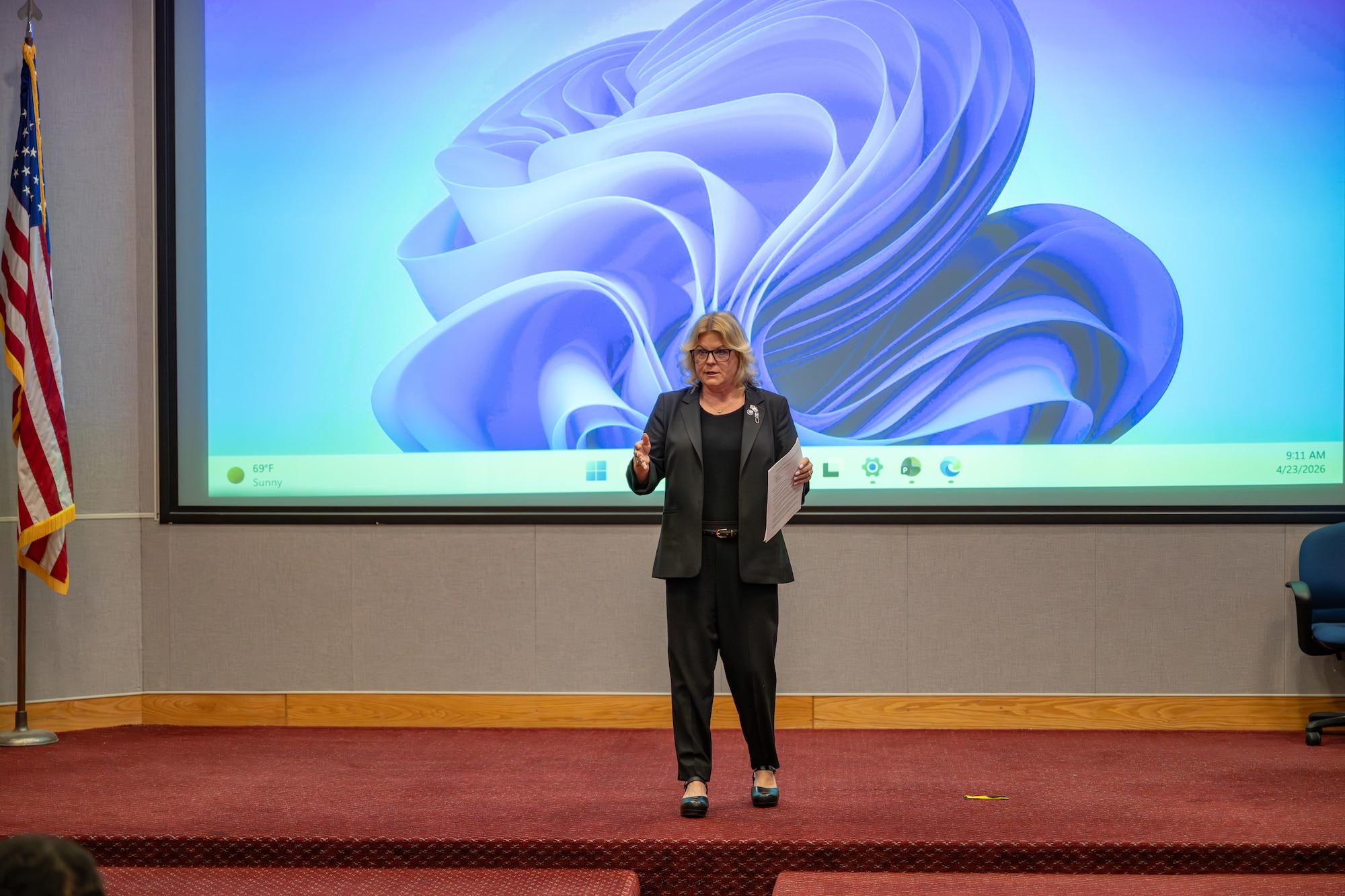 Dr. Bridget Brozyna, Interim Deputy Executive Director of the Veterans Affairs Tennessee Valley Healthcare System, discusses plans to expand the Tullahoma VA Clinic at Arnold Air Force Base, as well as VA eligibility, services and enrollment during the Health Benefits Fair hosted by Arnold Engineering Development Complex Health Services April 23, 2026, at Arnold AFB, Tenn., headquarters of AEDC. During the annual event, presenters provide those attending with information on various benefits and programs. Additional information covered this year included disability claims, military retirement and patient travel. (U.S. Air Force photo by Brad Hicks)