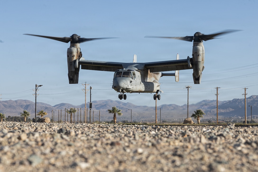 A U.S. Marine Corps MV-22B Osprey assigned to Marine Aviation Weapons and Tactics Squadron One (MAWTS-1), takes off during a Noncombatant Evacuation Operation as part of Weapons and Tactics instructor course 2-26 at Del Valle field, Marine Corps Air Ground Combat Center, Twentynine Palms, California, April 17, 2026. The NEO gives prospective WTIs the opportunity to execute scenario-based training as part of their certification and preparation for real-world incidents that require a quick reaction force to extract personnel from hostile situations. (U.S. Marine Corps photo by Lance Cpl. Lainey Brummett)