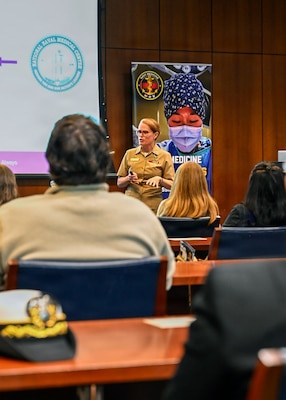 260409-N-IX644-1014 (April 9, 2026) BETHESDA, Md. U.S. Navy Capt. Melissa Austin, director, Walter Reed National Military Medical Center (WRNMMC), gives remarks about the hospital’s history during the Inaugural Navy Medicine Education Leadership Summit at WRNMMC in Bethesda, Maryland. The summit aims to provide academic leaders with a unique, high-level overview of the strategic challenges and groundbreaking opportunities within Navy Medicine for future military healthcare professionals. The Navy Medicine Enterprise's 44,000+ talented and ready forces optimize health readiness, deliver quality healthcare, and provide global expeditionary medical support to warfighters. (U.S. Navy photo by Mass Communication Specialist 2nd Class Sasha Ambrose)