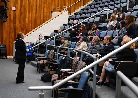 260409-N-IX644-1018 (April 9, 2026) BETHESDA, Md. U.S. Navy Capt. Shauna O'Sullivan, Navy Medicine recruiting and retention lead, presents a brief about graduate medical education during the Inaugural Navy Medicine Education Leadership Summit at the Uniformed Services University of the Health Sciences (USUHS) in Bethesda, Maryland. The summit aims to provide academic leaders with a unique, high-level overview of the strategic challenges and groundbreaking opportunities within Navy Medicine for future military healthcare professionals. The Navy Medicine Enterprise's 44,000+ talented and ready forces optimize health readiness, deliver quality healthcare, and provide global expeditionary medical support to warfighters. (U.S. Navy photo by Mass Communication Specialist 2nd Class Sasha Ambrose)
