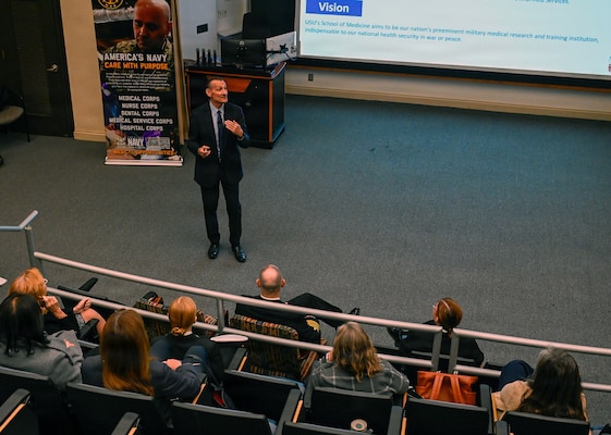 Summit
260409-N-IX644-1021 (April 9, 2026) BETHESDA, Md. Brian Reamy, vice dean, academic affairs and professor of family medicine and medicine, presents a brief about graduate medical education during the Inaugural Navy Medicine Education Leadership Summit at the Uniformed Services University of the Health Sciences (USUHS) in Bethesda, Maryland. The summit aims to provide academic leaders with a unique, high-level overview of the strategic challenges and groundbreaking opportunities within Navy Medicine for future military healthcare professionals. The Navy Medicine Enterprise's 44,000+ talented and ready forces optimize health readiness, deliver quality healthcare, and provide global expeditionary medical support to warfighters. (U.S. Navy photo by Mass Communication Specialist 2nd Class Sasha Ambrose)