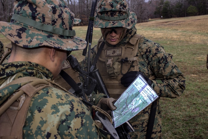 U.S. Marine Corps students with Bravo Company, The Basic School, conduct preparatory actions for platoon level tactics at Marine Corps Base Quantico, Virginia, 16 March 2026. The purpose of the simulated platoon attacks was to introduce Marines to the fundamentals of the offensive and defensive tactics required for provisional rifle platoon commanders. (U.S. Marine Corps photo by Sgt. Myra Walker)