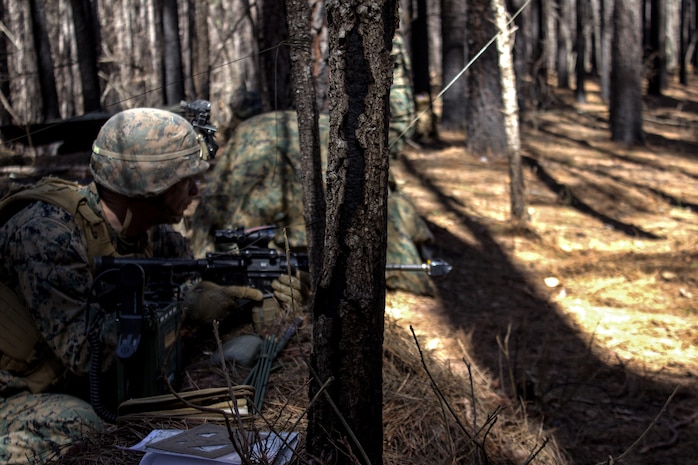 U.S. Marine Corps students with India Company, The Basic School, conduct platoon level tactics building a strong foundation for offense and defense at Marine Corps Base Quantico, Virginia, March 18, 2026. The purpose of the simulated platoon attacks was to introduce Marines to the fundamentals of the offensive and defensive tactics required for provisional rifle platoon commanders. (U.S. Marine Corps photo by Sgt. Myra Walker)