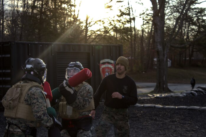 U.S Marines with Combat Instructor Battalion, The Basic School, conduct Marine Corps Martial Arts sustainment training at Marine Corps Base Quantico, Virginia, March 19, 2026. The purpose of sustainment training and belt advancement is to not only improve lethality but also increase the mental fortitude of the Marines. (U.S. Marine Corps photo by Sgt. Myra Walker)