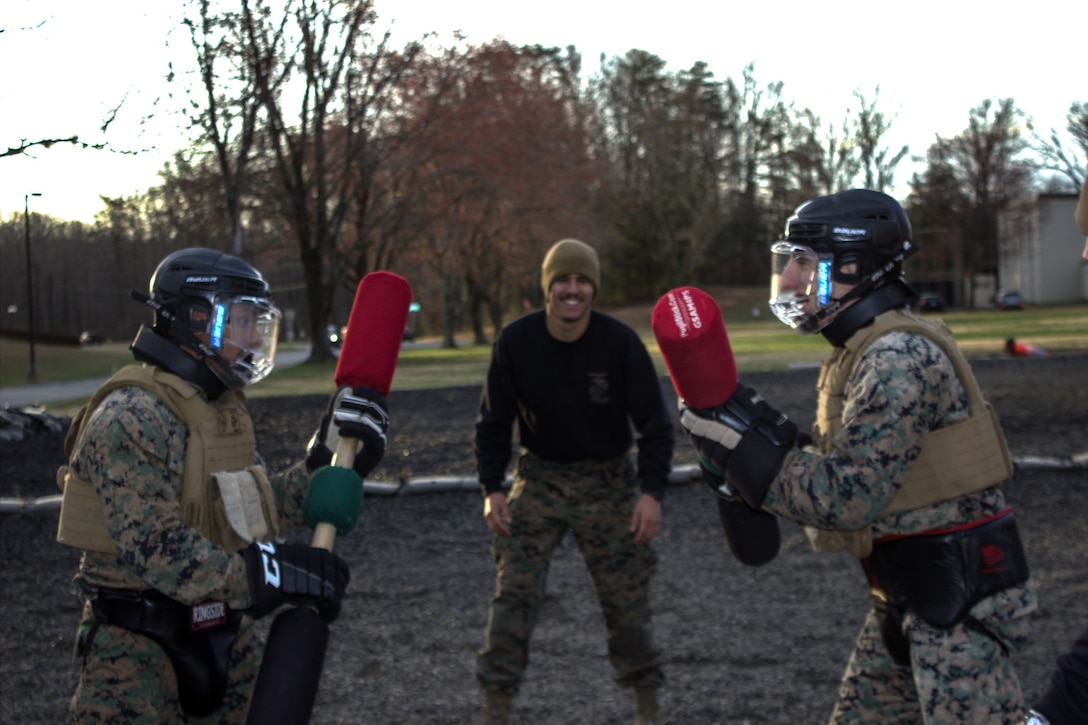 U.S Marines with Combat Instructor Battalion, The Basic School, conduct Marine Corps Martial Arts sustainment training at Marine Corps Base Quantico, Virginia, March 19, 2026. The purpose of sustainment training and belt advancement is to not only improve lethality but also increase the mental fortitude of the Marines. (U.S. Marine Corps photo by Sgt. Myra Walker)