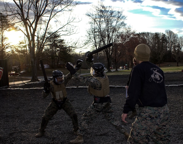 U.S Marines with Combat Instructor Battalion, The Basic School, conduct Marine Corps Martial Arts sustainment training at Marine Corps Base Quantico, Virginia, March 19, 2026. The purpose of sustainment training and belt advancement is to not only improve lethality but also increase the mental fortitude of the Marines. (U.S. Marine Corps photo by Sgt. Myra Walker)