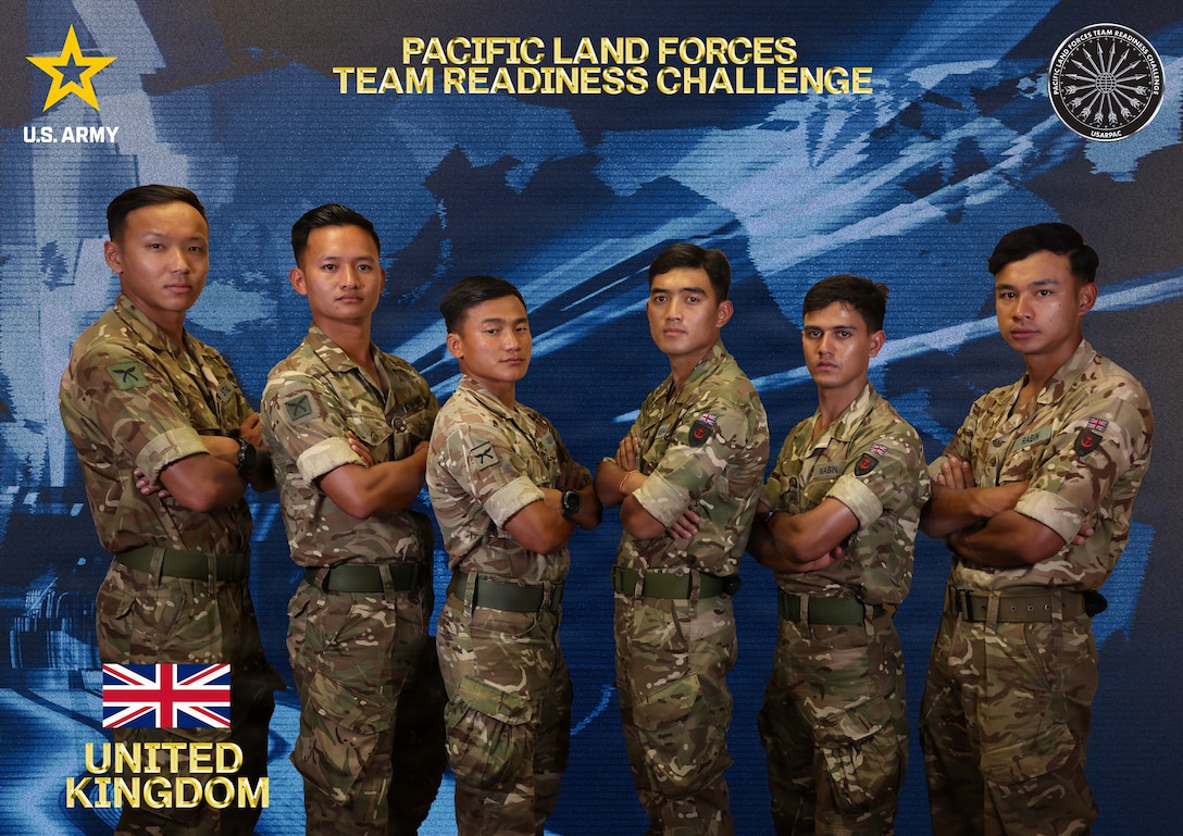 The Soldiers representing the United Kingdom Army in U.S. Army Pacific's Pacific Land Forces Team Readiness Challenge.