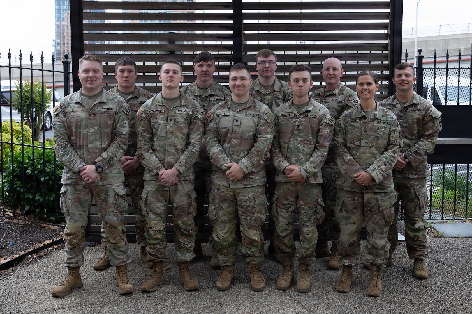 U.S. Soldiers with the Nebraska and North Dakota National Guards, assigned to Joint Task Force-District of Columbia in support of the D.C. Safe and Beautiful mission, pose for a group photo at a hotel in Alexandria, Virginia, April 28, 2026.