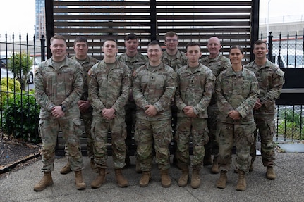 U.S. Soldiers with the Nebraska and North Dakota National Guards, assigned to Joint Task Force-District of Columbia in support of the D.C. Safe and Beautiful mission, pose for a group photo at a hotel in Alexandria, Virginia, April 28, 2026.