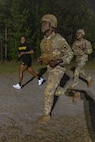 Sgt. Boris Ilboudo, 125th Finance Battalion early entry team certifier, left, and 2nd Lt. Aquoi Alexander, 125th FIBN Bravo Company platoon leader, take part in an expert physical fitness assessment, or EPFA, at Fort Jackson, S.C., April 21, 2026. Twelve finance and comptroller Soldiers took part in the EPFA, a combat-focused physical assessment, as part of the U.S. Army Finance Corps’ annual Finance Soldier of the Year competition. (U.S. Army photo by Mark R. W. Orders-Woempner)