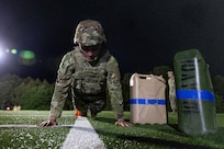 Cpl. Hunter Pressley, 15th Finance Battalion financial management technician, takes part in an expert physical fitness assessment, or EPFA, at Fort Jackson, S.C., April 21, 2026. Twelve finance and comptroller Soldiers took part in the EPFA, a combat-focused physical assessment, as part of the U.S. Army Finance Corps’ annual Finance Soldier of the Year competition. (U.S. Army photo by Mark R. W. Orders-Woempner)