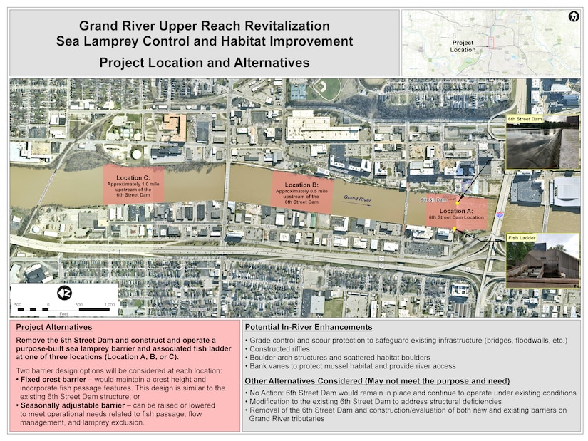 Aerial map of downtown Grand Rapids showing the Grand River with three highlighted project alternative locations marked A, B, and C in red shading along the river. Location A is at the 6th Street Dam, Location B is 0.5 miles upstream, and Location C is 1.0 miles upstream. Inset map shows regional project location. Text boxes describe project alternatives including removal of 6th Street Dam, construction of sea lamprey barrier with fish ladder, and potential in-river habitat enhancements.